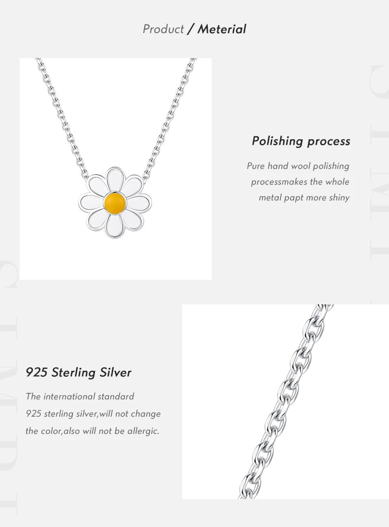 925 Sterling Silver White Enamel Flower Pendant Necklace Charm Daisy