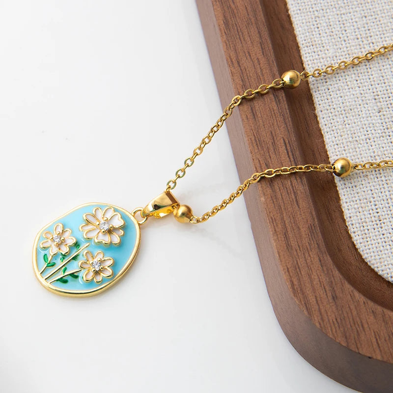 Stainless Steel Colorful Drop Oil Flower Heart Necklace