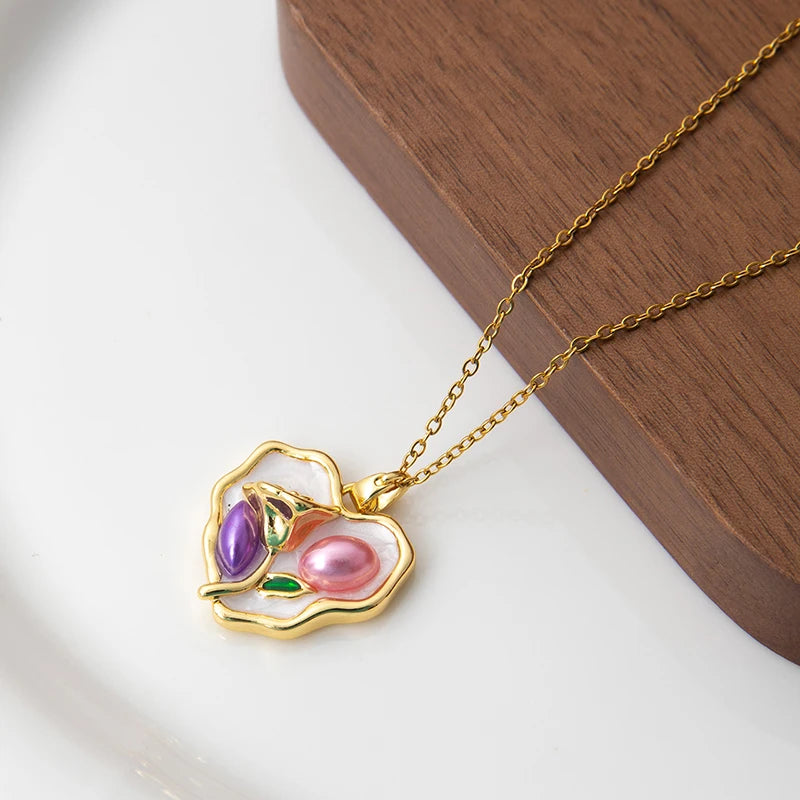 Stainless Steel Colorful Drop Oil Flower Heart Necklace