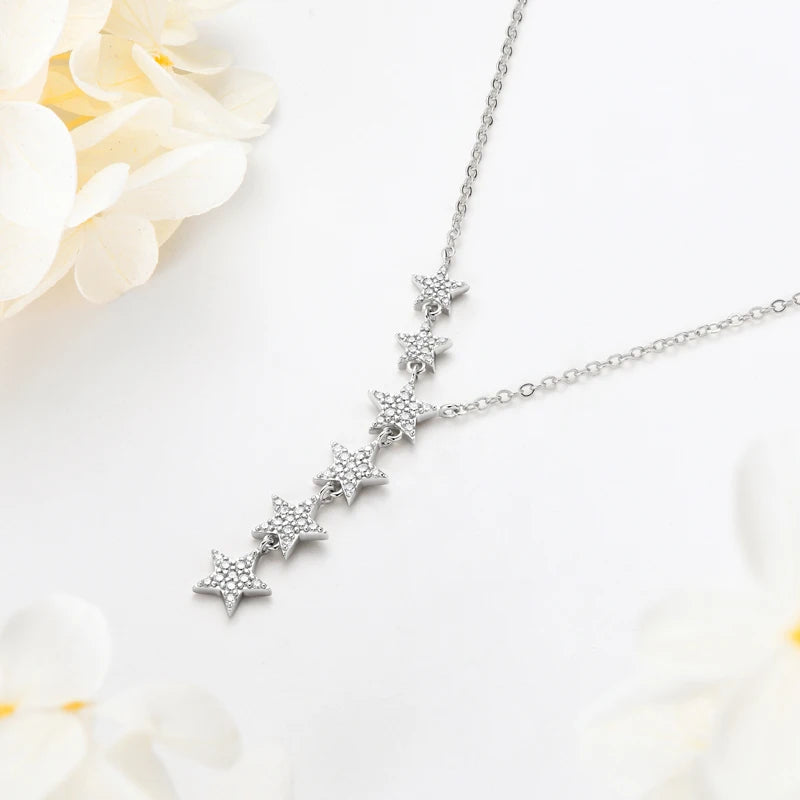 925 Sterling Silver D Color Moissanite Y Lariat 6 Star Pendant Necklace