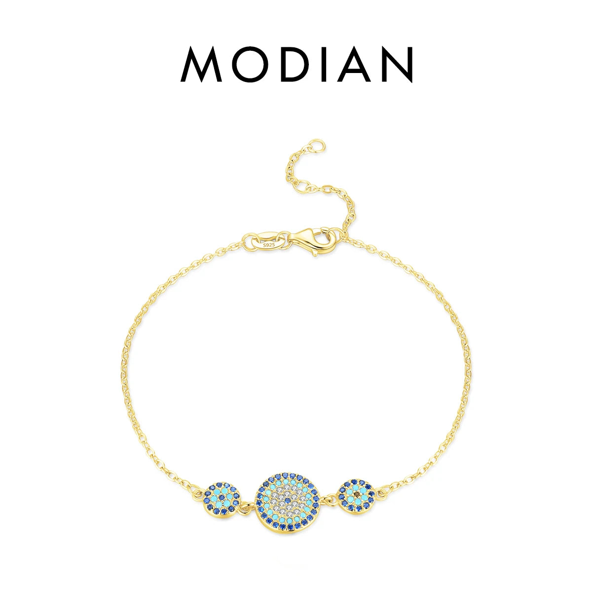 925 Sterling Silver Luxury Turquoise Blue Eyes Clear Cubic Zircon Crystal Link Chain Bracelet