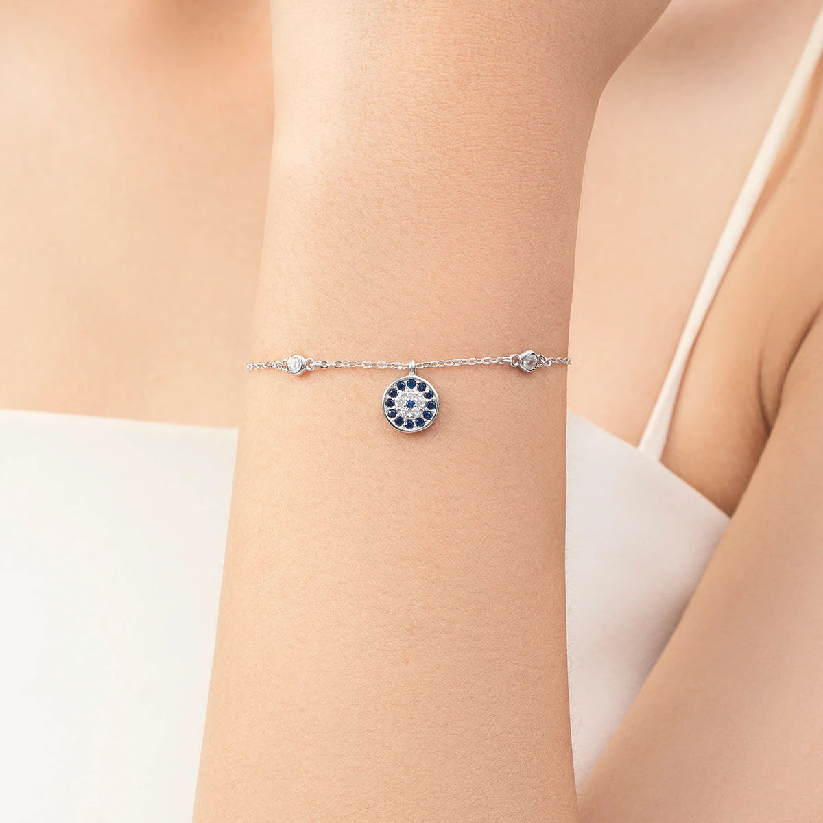 925 Sterling Silver Luxury Turquoise Blue Eyes Clear Cubic Zircon Crystal Link Chain Bracelet