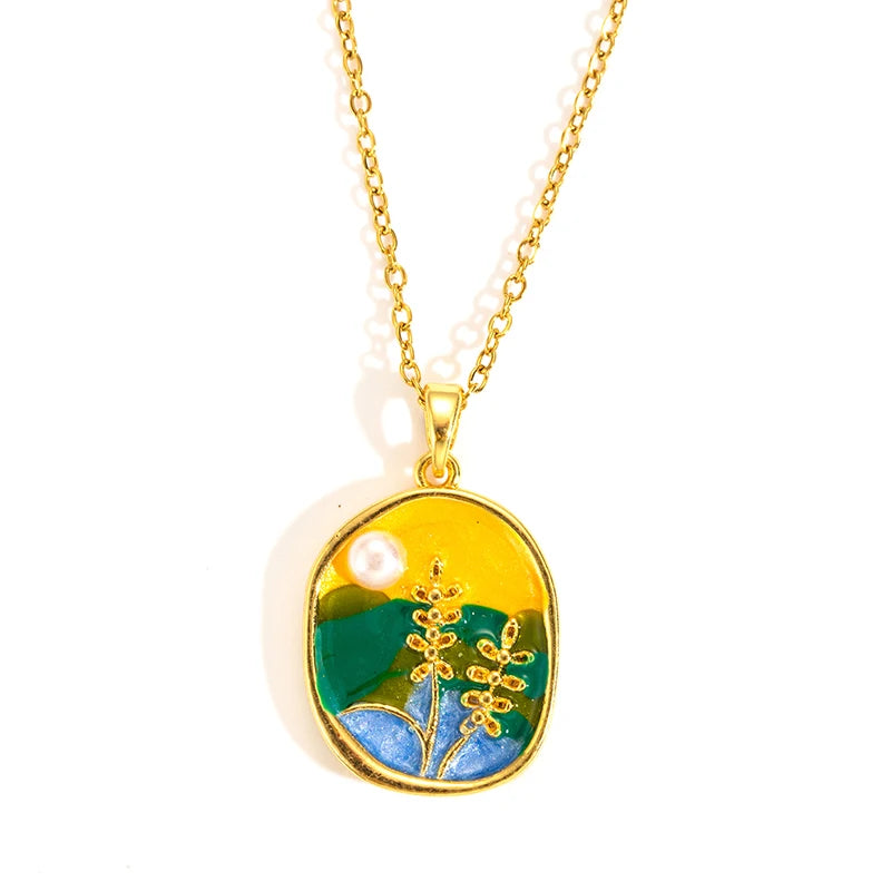 Stainless Steel Colorful Drop Oil Flower Heart Necklace