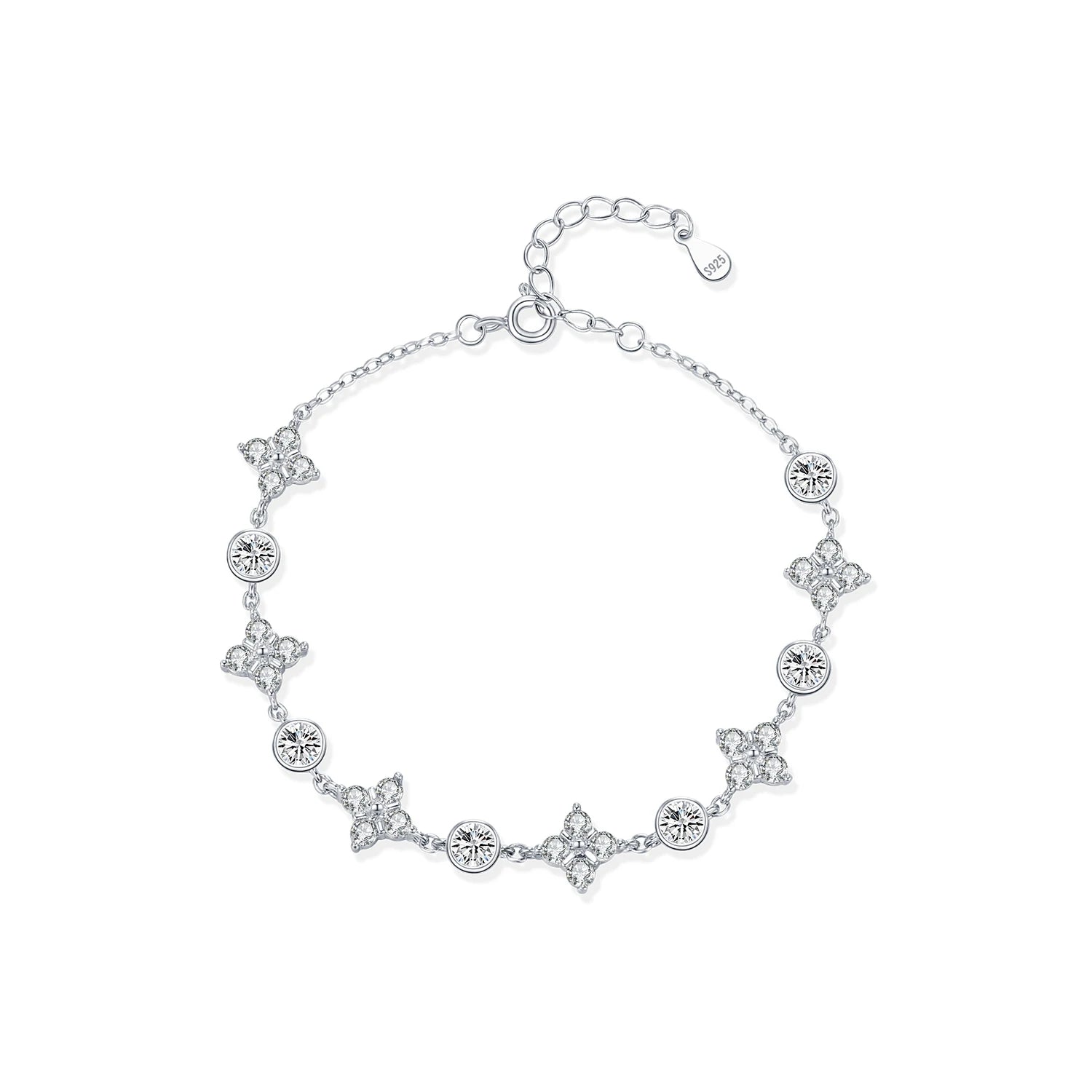 925 Sterling Silver Exquisite Dazzling Lucky Four-Leaf Clover Clear Zirconia Charm Bracelet