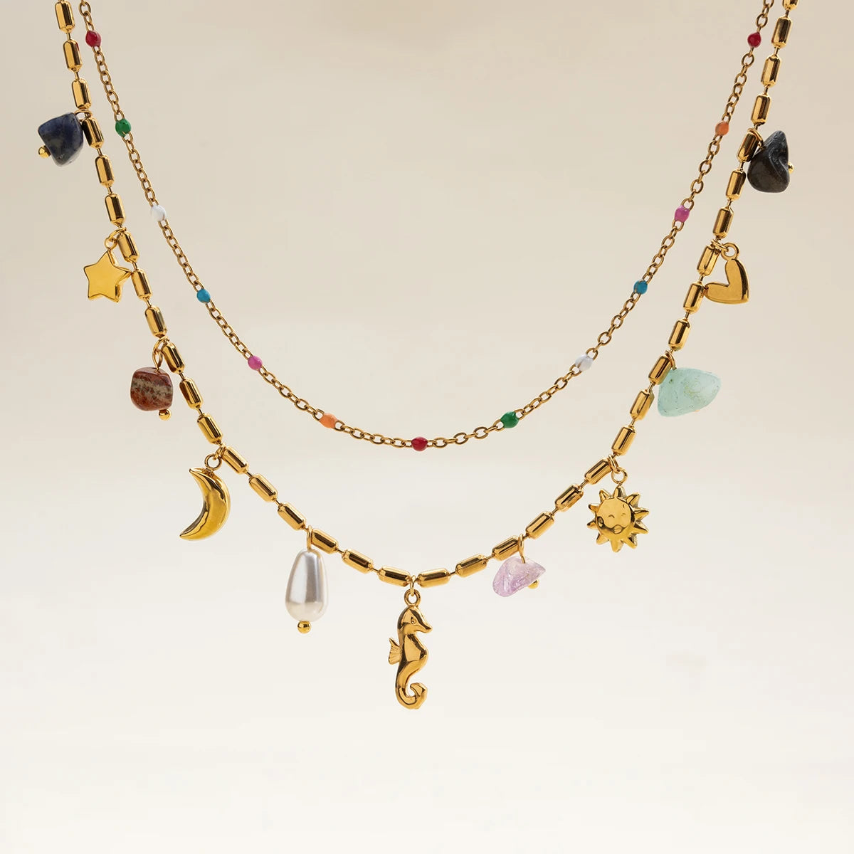 Vacation Style 18K Gold Color Plated Stainless Steel Natural Color Stone Pendant Necklace
