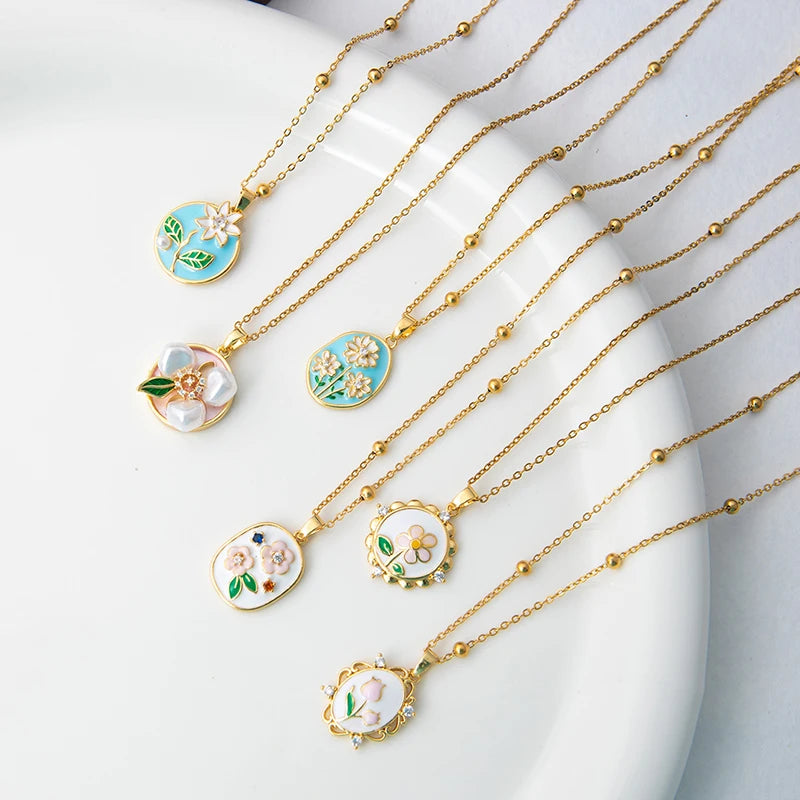 Stainless Steel Colorful Drop Oil Flower Heart Necklace