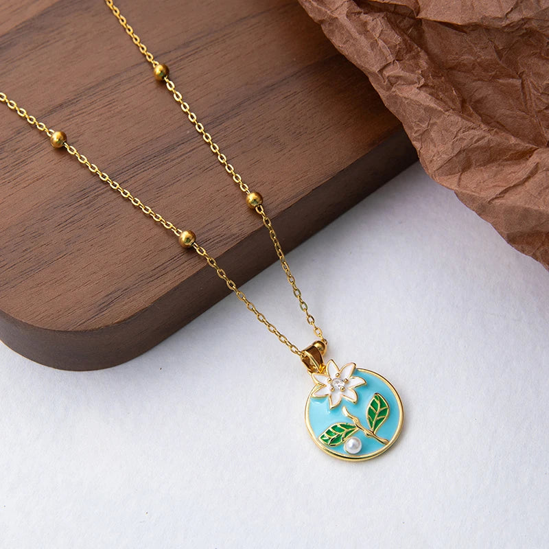 Stainless Steel Colorful Drop Oil Flower Heart Necklace