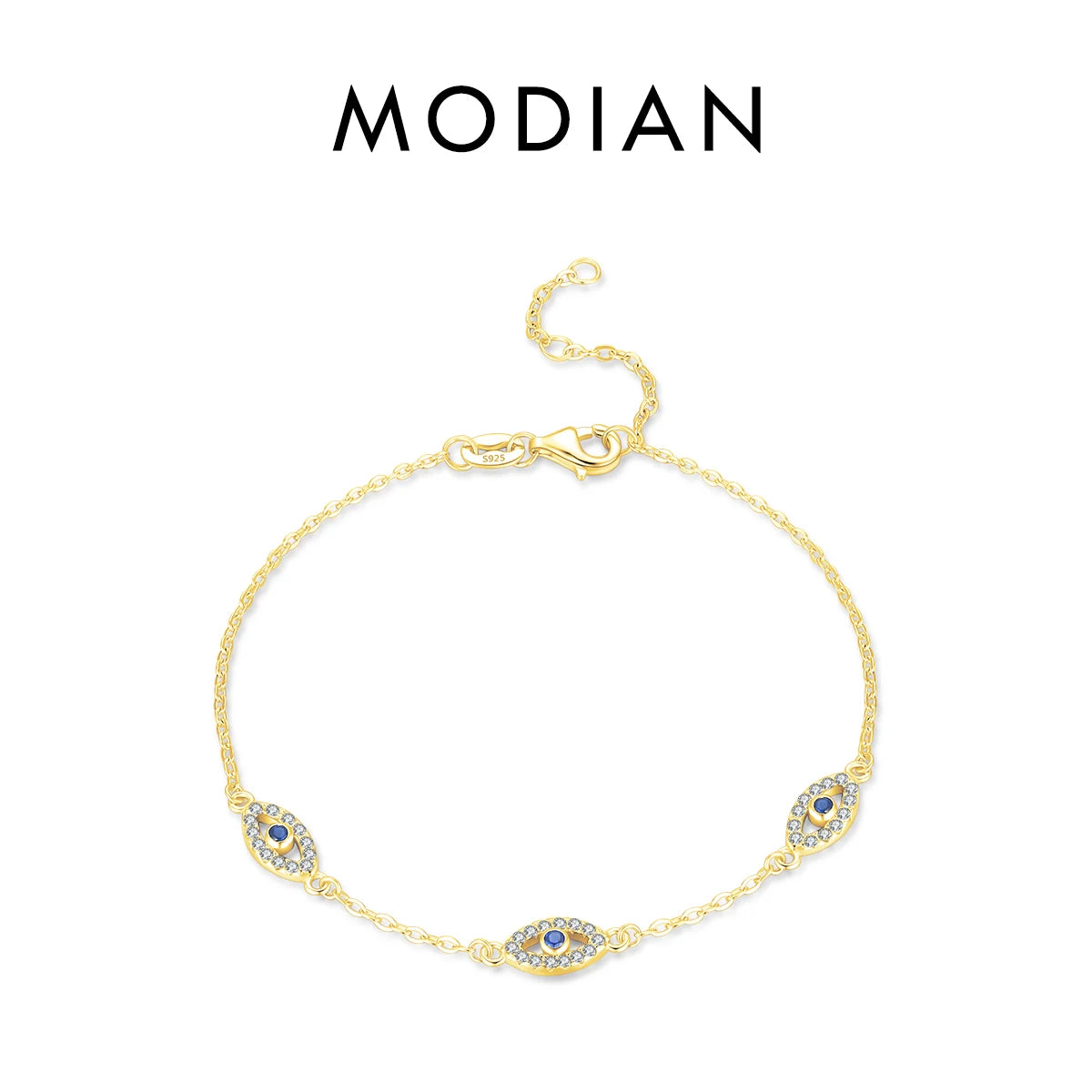 925 Sterling Silver Luxury Turquoise Blue Eyes Clear Cubic Zircon Crystal Link Chain Bracelet