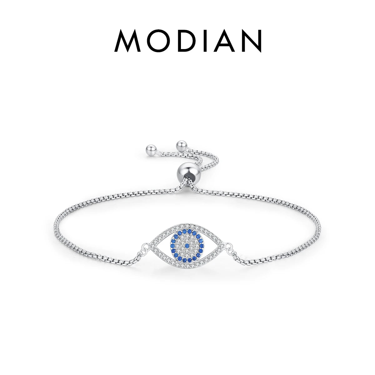 925 Sterling Silver Luxury Turquoise Blue Eyes Clear Cubic Zircon Crystal Link Chain Bracelet