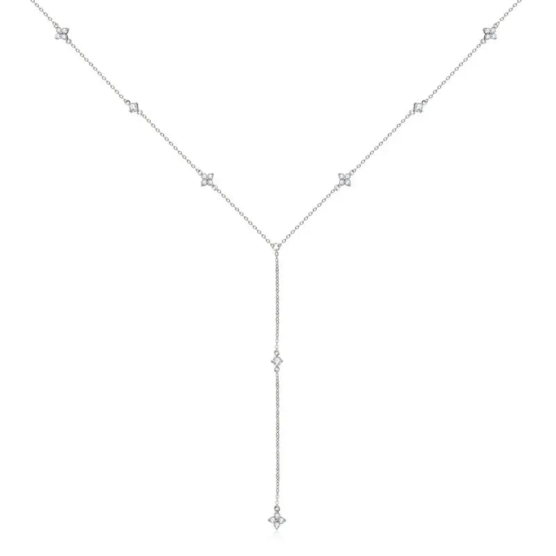 Long Tassel Pendant Necklace 925 Silver Four Clover Flower Y Chain Necklace