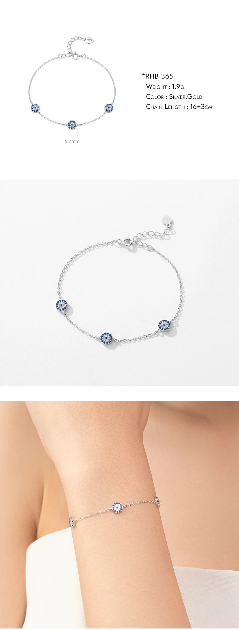 925 Sterling Silver Luxury Turquoise Blue Eyes Clear Cubic Zircon Crystal Link Chain Bracelet