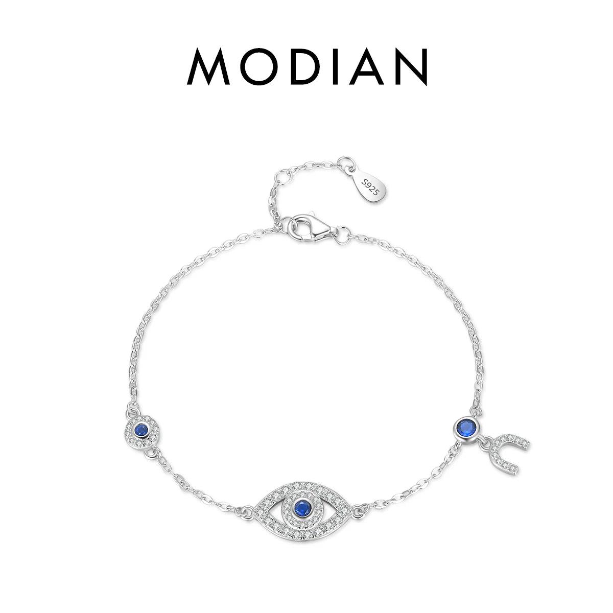 925 Sterling Silver Luxury Turquoise Blue Eyes Clear Cubic Zircon Crystal Link Chain Bracelet