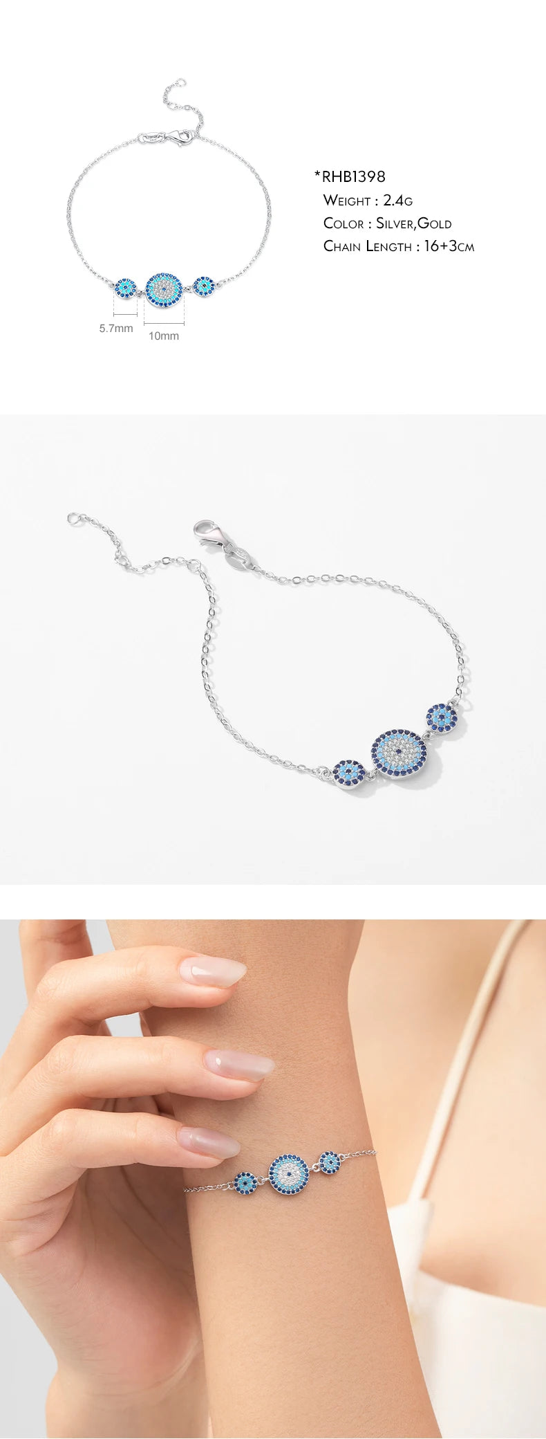 925 Sterling Silver Luxury Turquoise Blue Eyes Clear Cubic Zircon Crystal Link Chain Bracelet