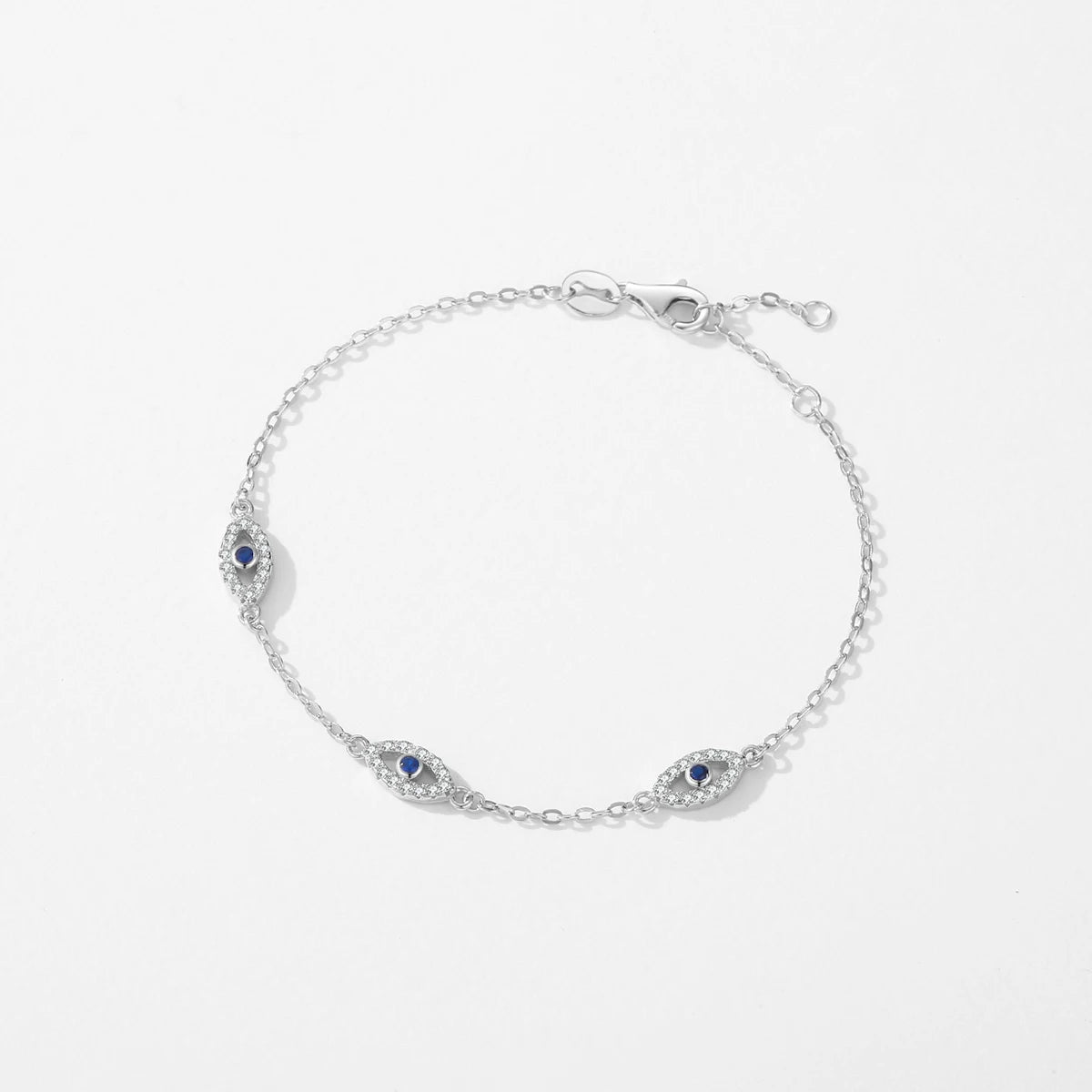 925 Sterling Silver Luxury Turquoise Blue Eyes Clear Cubic Zircon Crystal Link Chain Bracelet