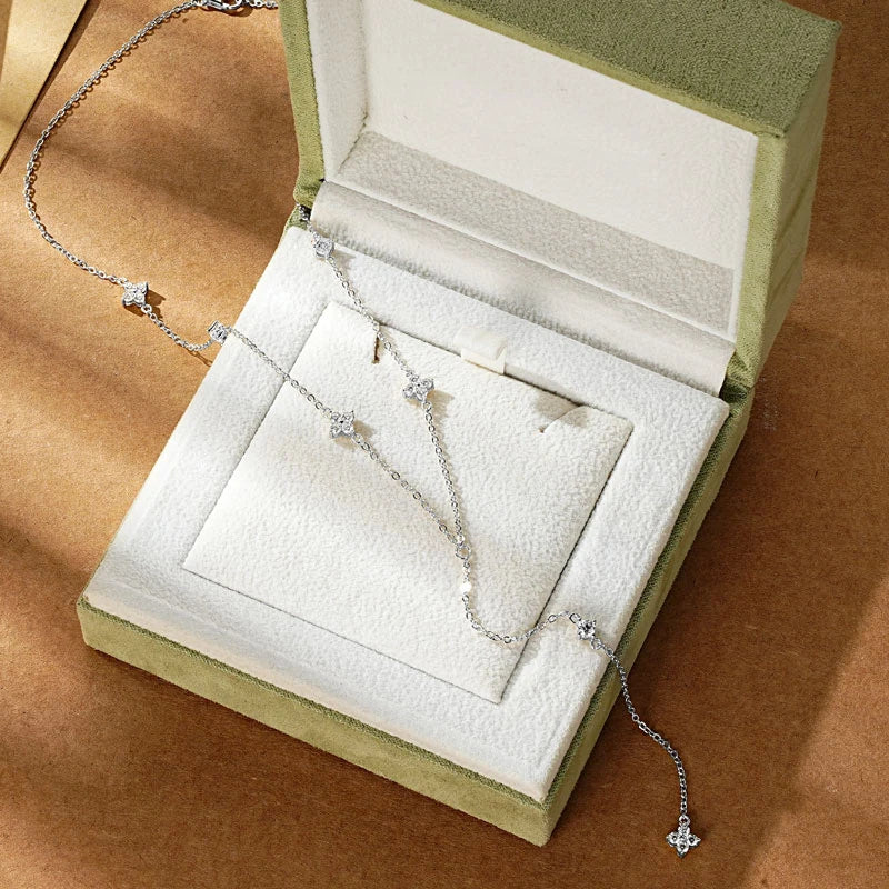 Long Tassel Pendant Necklace 925 Silver Four Clover Flower Y Chain Necklace