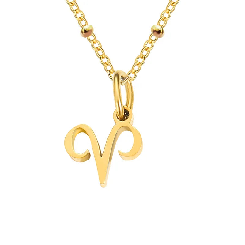 Stainless Steel  Classic Zodiac Gold Color Beads Chain Necklace