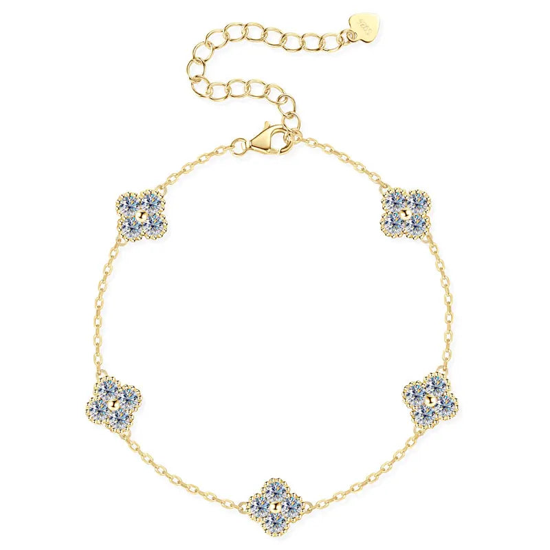 925 Silver Flower Clover Bracelet Moissanite 3mm - 18k Gold Plated
