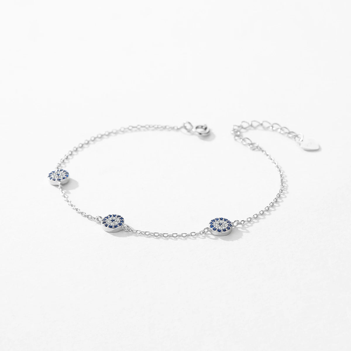 925 Sterling Silver Luxury Turquoise Blue Eyes Clear Cubic Zircon Crystal Link Chain Bracelet