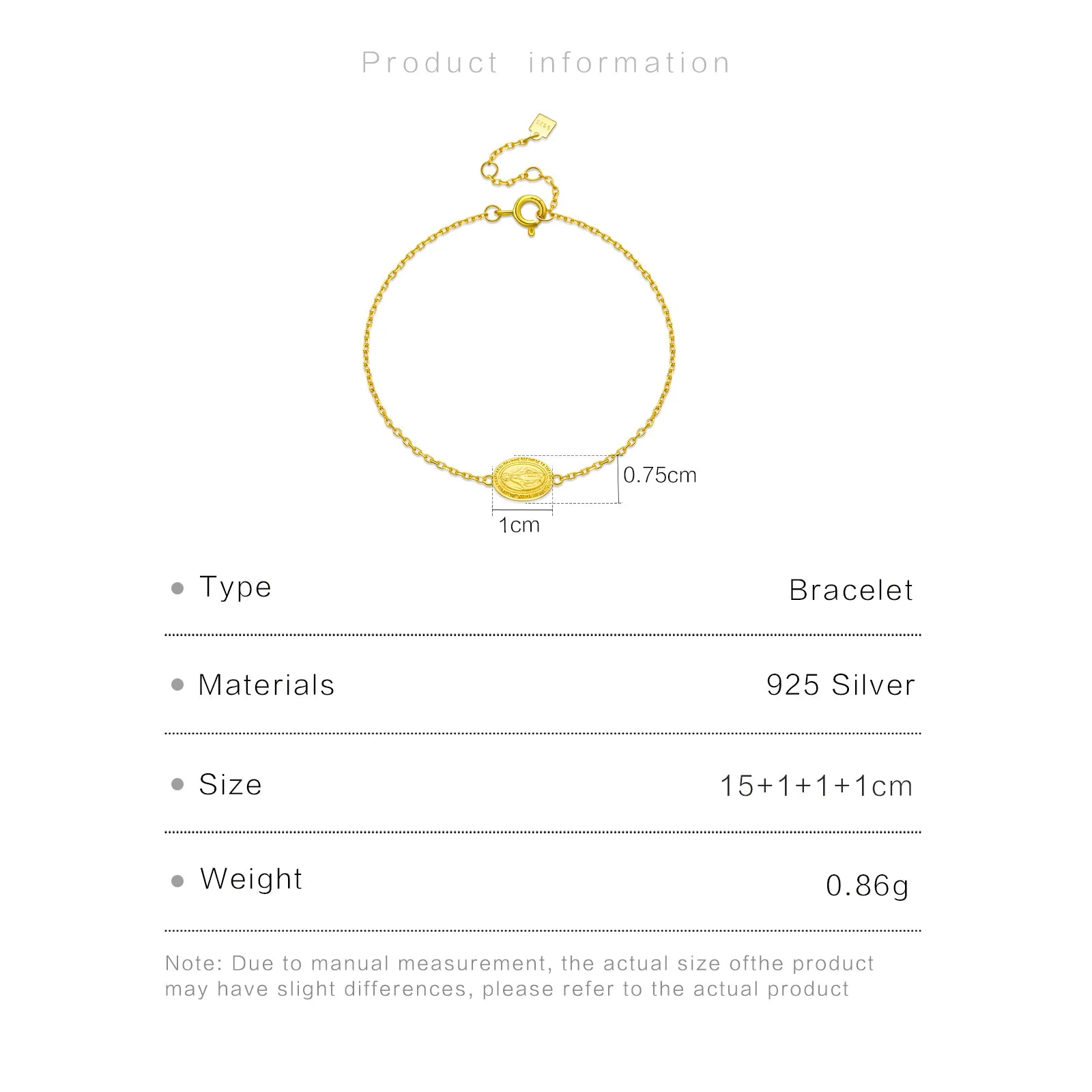 925 Sterling Silver Gold Virgin Mary Charm Chain Bracelet