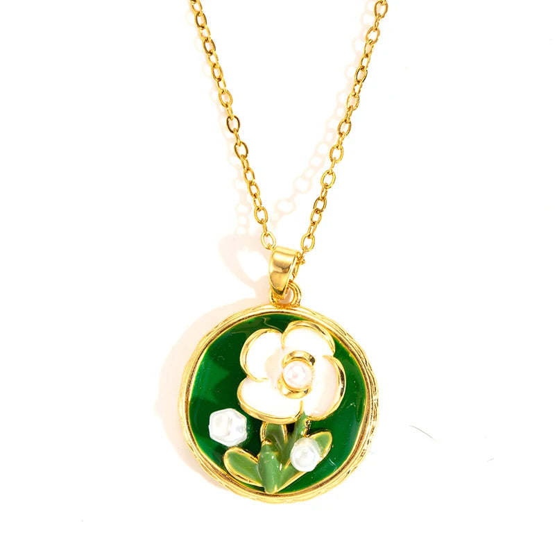 Stainless Steel Colorful Drop Oil Flower Heart Necklace