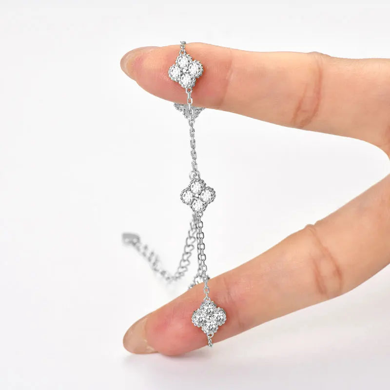 925 Silver Flower Clover Bracelet Moissanite 3mm - 18k Gold Plated