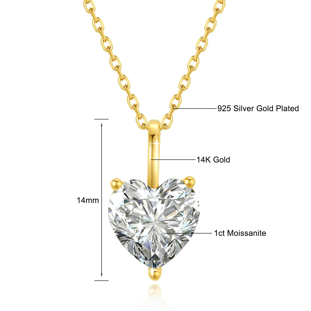 Genuine 14K Gold Heart Moissanite Necklace 1CT/2CT/3CT AU585 Pendant Classic
