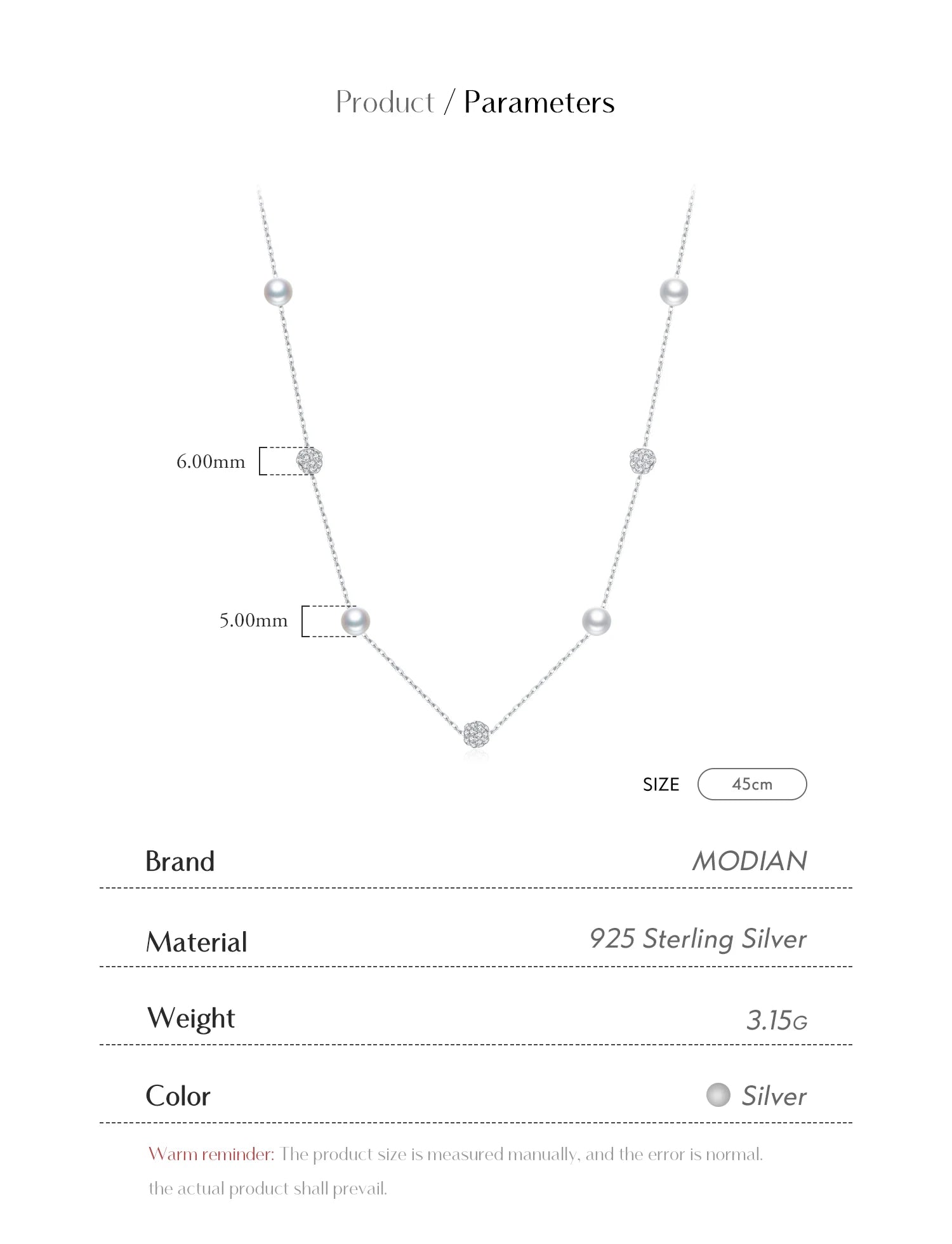 925 Sterling Silver Zircon Beads &Pearl Chain Necklaces