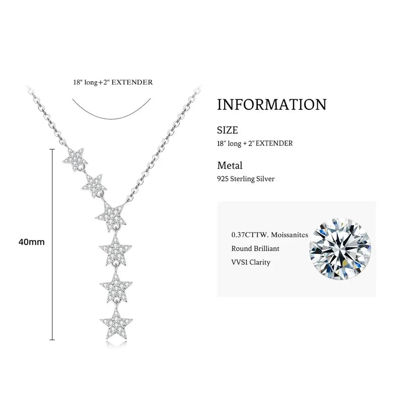 925 Sterling Silver D Color Moissanite Y Lariat 6 Star Pendant Necklace