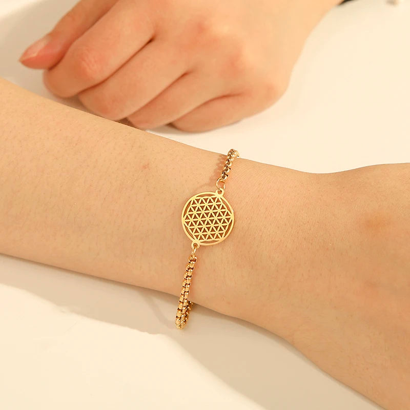 Stainless Steel Vintage Flower of Life Charms Bracelet
