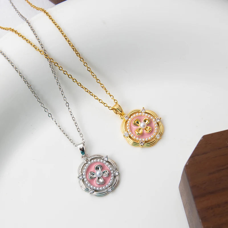Stainless Steel Colorful Drop Oil Flower Heart Necklace