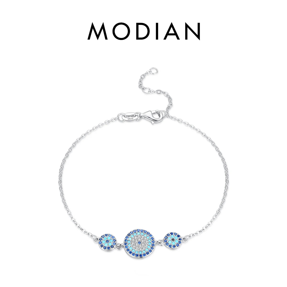 925 Sterling Silver Luxury Turquoise Blue Eyes Clear Cubic Zircon Crystal Link Chain Bracelet