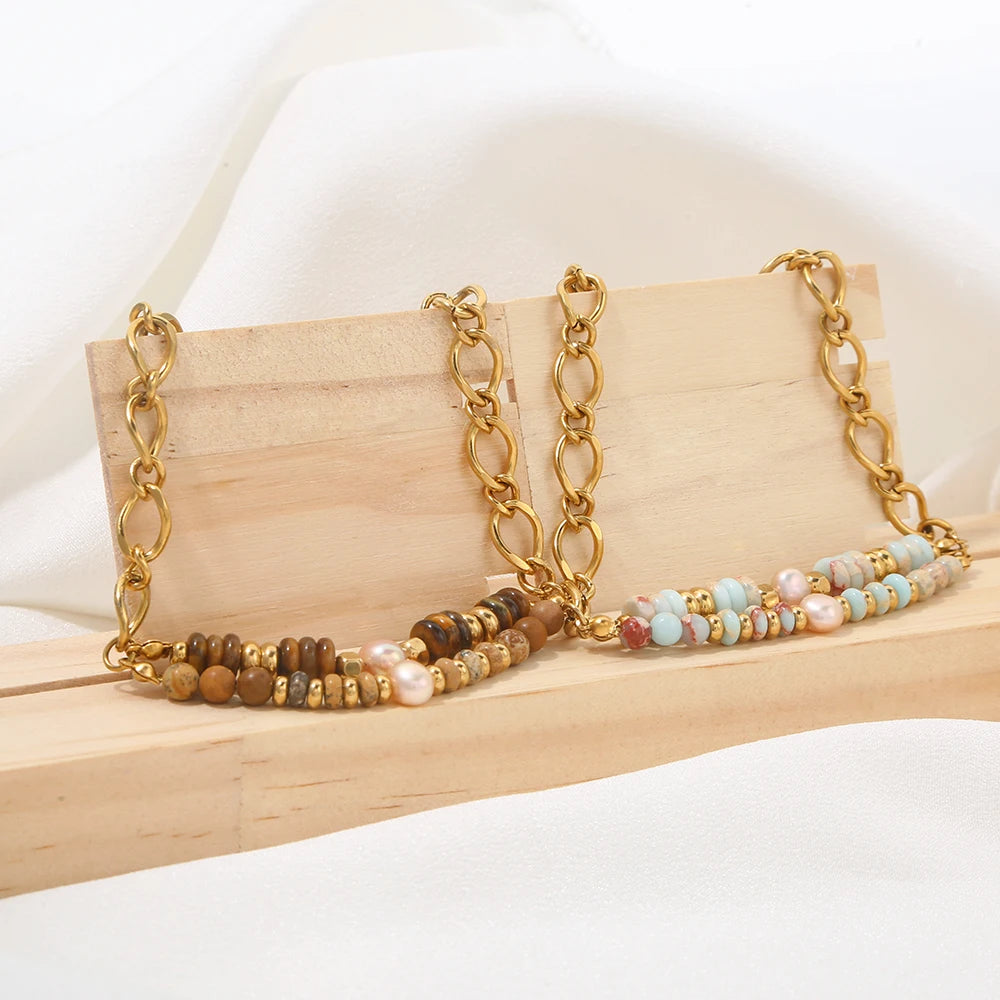 Stainless Steel Bohemian Style Natural Stone Imitation Pearl Bracelet