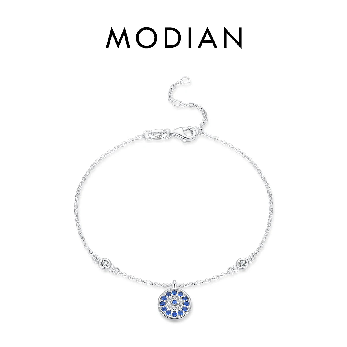 925 Sterling Silver Luxury Turquoise Blue Eyes Clear Cubic Zircon Crystal Link Chain Bracelet