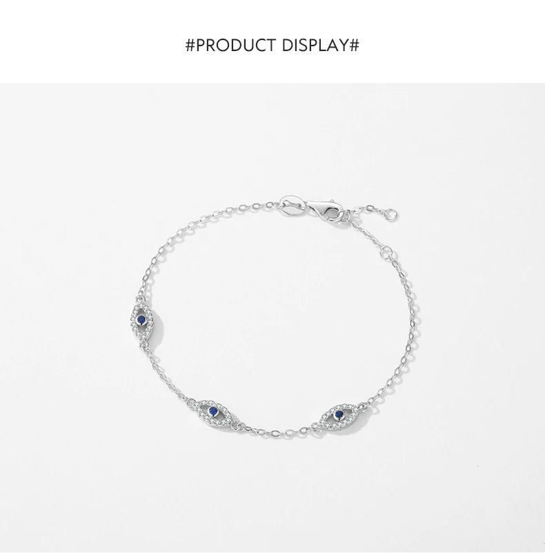 925 Sterling Silver Luxury Turquoise Blue Eyes Clear Cubic Zircon Crystal Link Chain Bracelet
