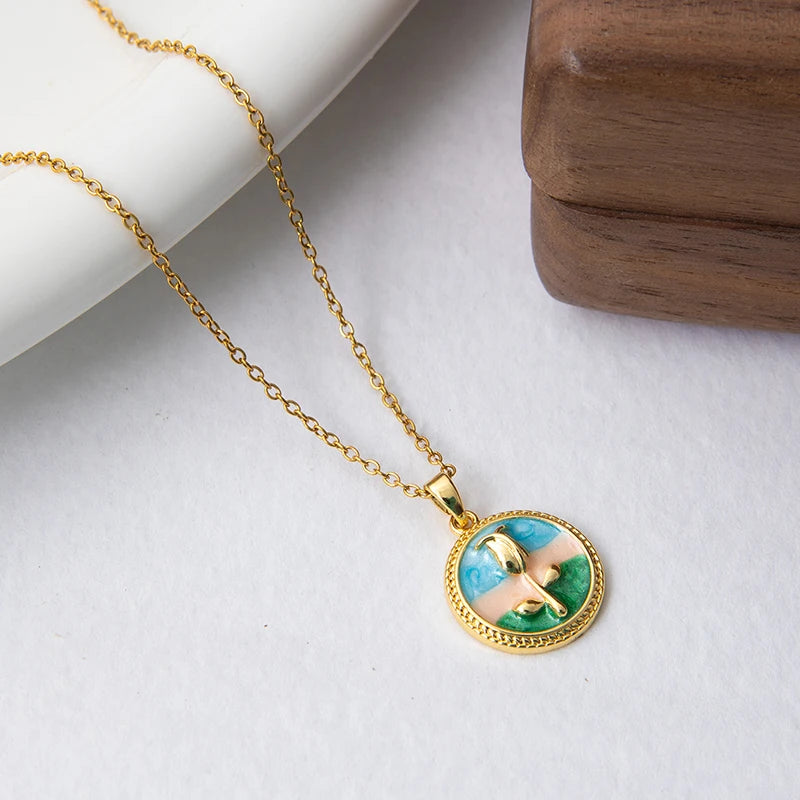 Stainless Steel Colorful Drop Oil Flower Heart Necklace