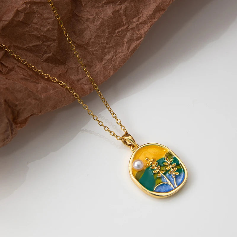 Stainless Steel Colorful Drop Oil Flower Heart Necklace