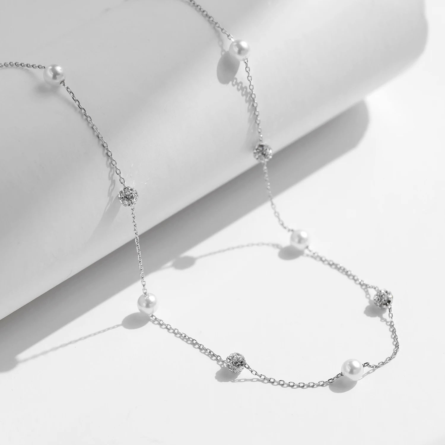 925 Sterling Silver Zircon Beads &Pearl Chain Necklaces