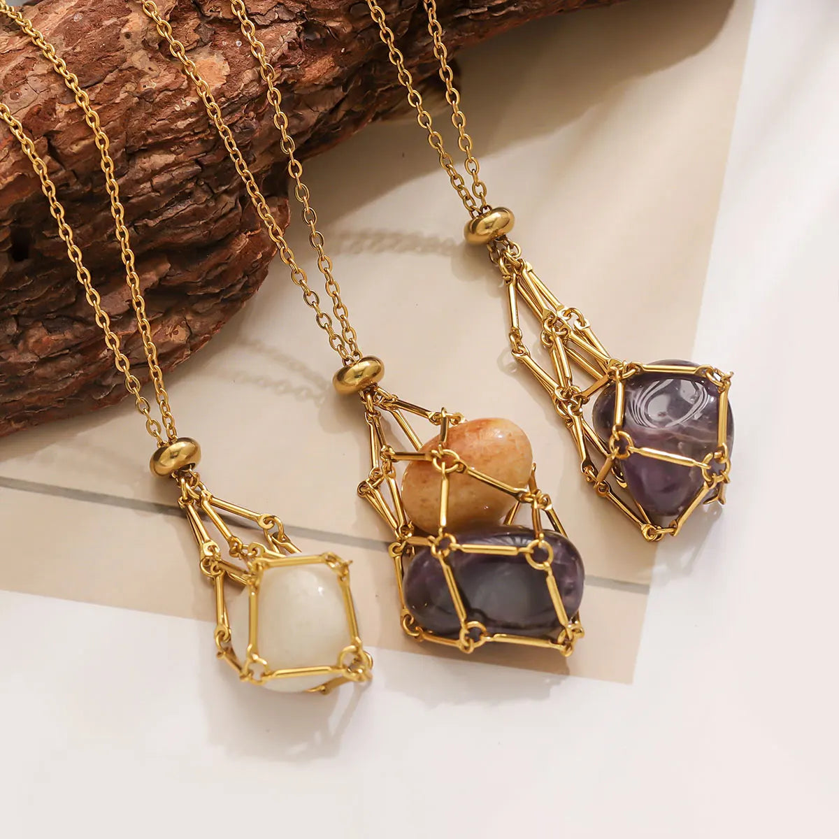 Stainless Steel Retro Minimalist - Mesh Pocket Necklace Pendant Gold-plated Waterproof