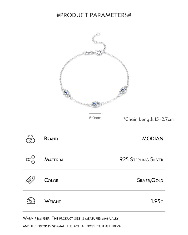 925 Sterling Silver Luxury Turquoise Blue Eyes Clear Cubic Zircon Crystal Link Chain Bracelet
