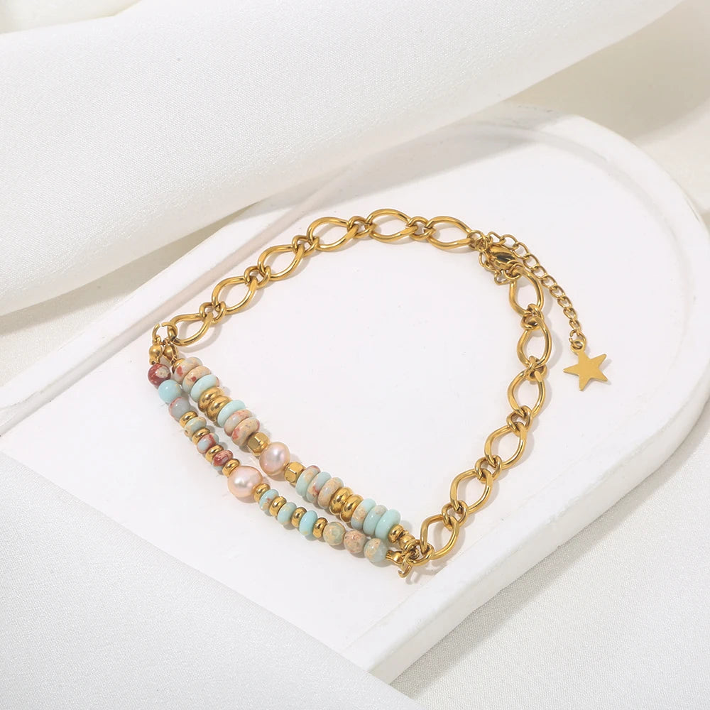 Stainless Steel Bohemian Style Natural Stone Imitation Pearl Bracelet