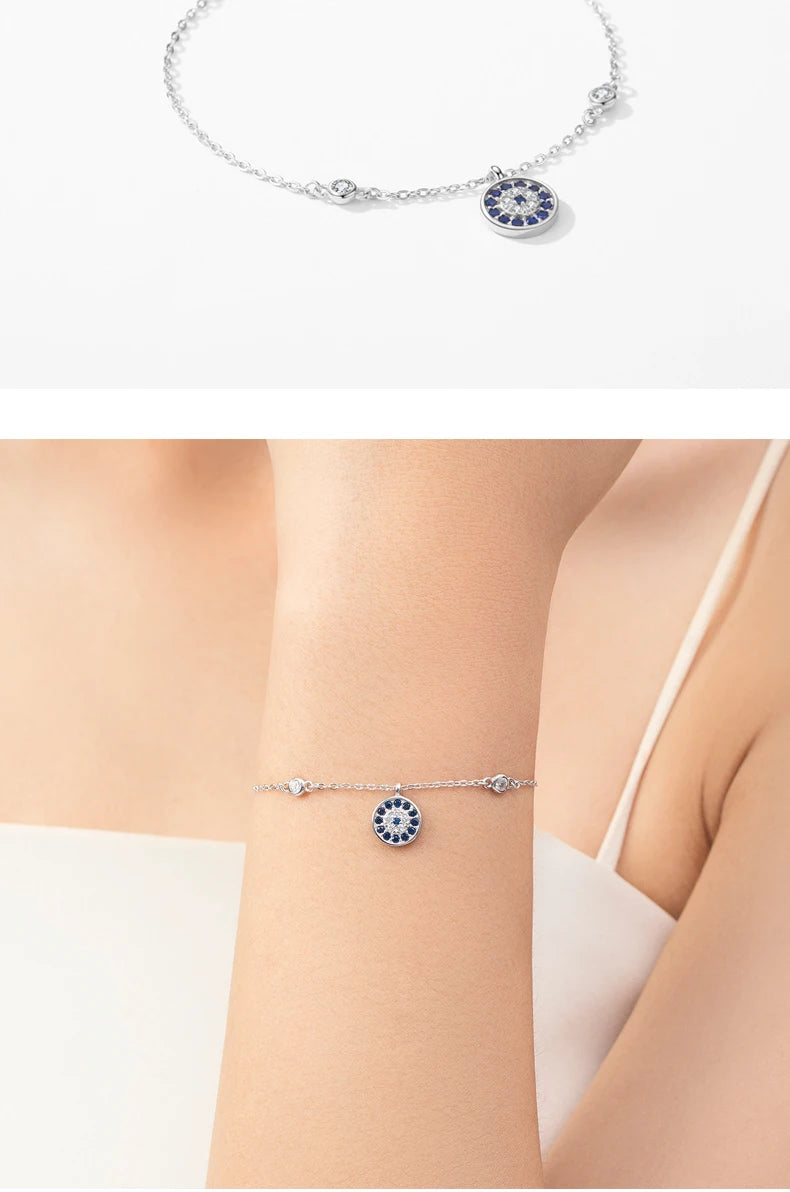 925 Sterling Silver Luxury Turquoise Blue Eyes Clear Cubic Zircon Crystal Link Chain Bracelet