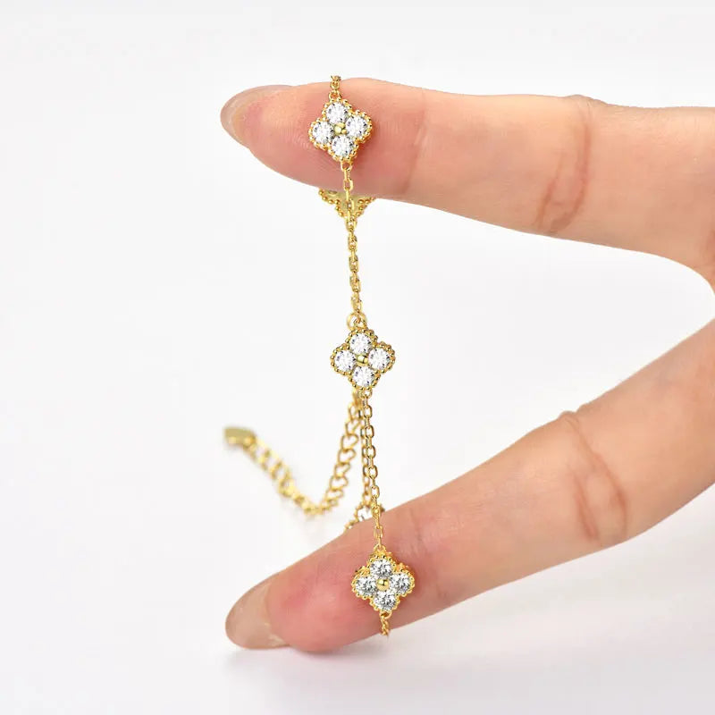 925 Silver Flower Clover Bracelet Moissanite 3mm - 18k Gold Plated