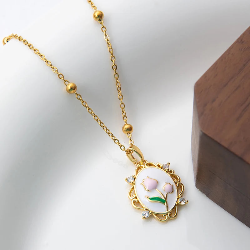 Stainless Steel Colorful Drop Oil Flower Heart Necklace