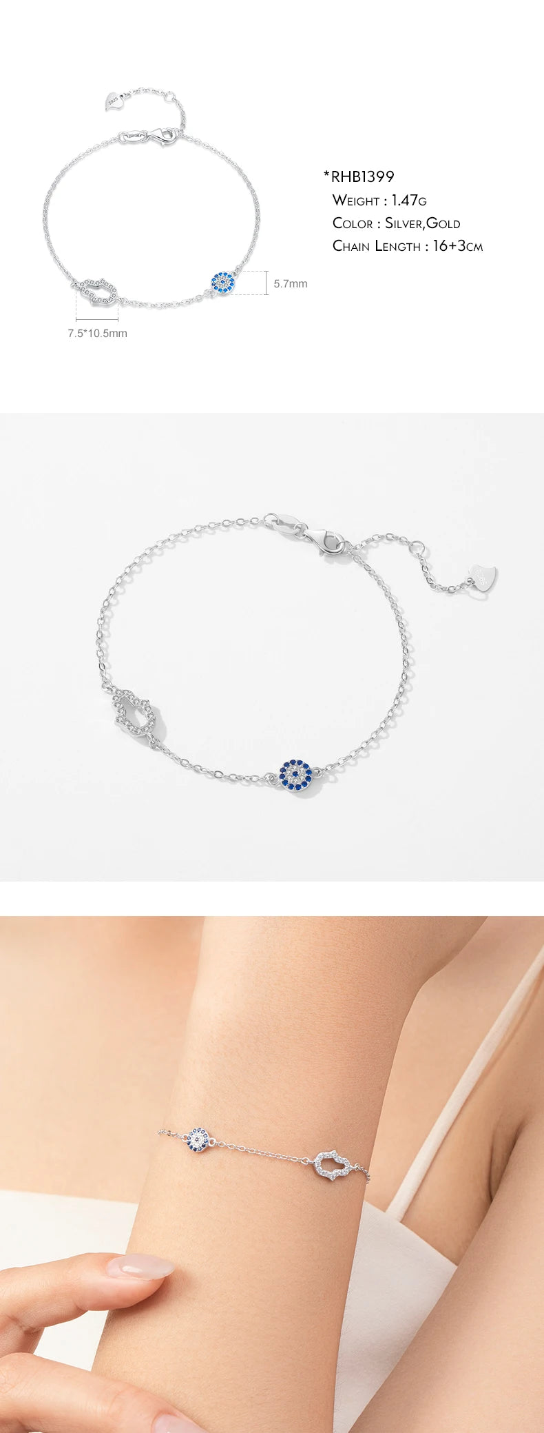 925 Sterling Silver Luxury Turquoise Blue Eyes Clear Cubic Zircon Crystal Link Chain Bracelet