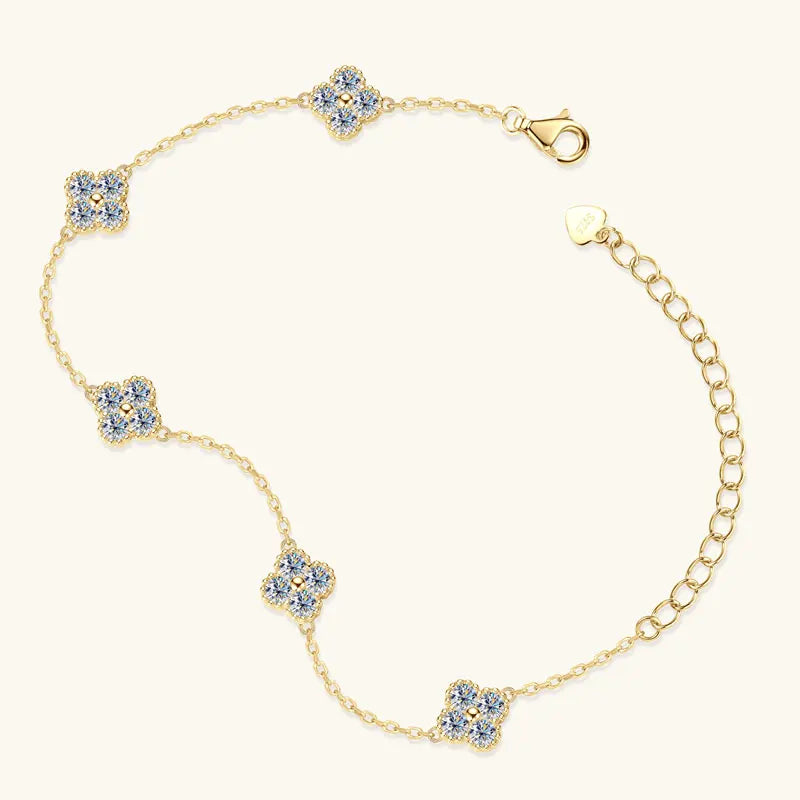 925 Silver Flower Clover Bracelet Moissanite 3mm - 18k Gold Plated