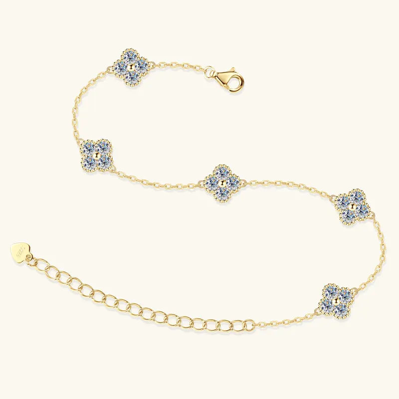 925 Silver Flower Clover Bracelet Moissanite 3mm - 18k Gold Plated