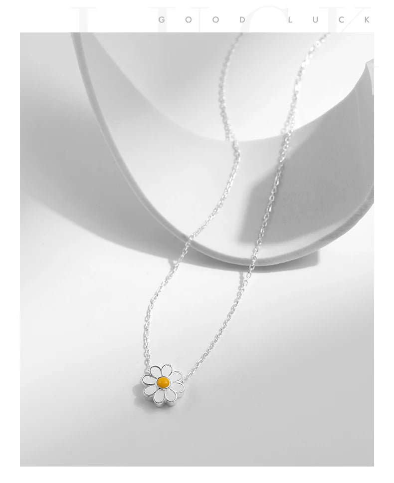 925 Sterling Silver White Enamel Flower Pendant Necklace Charm Daisy