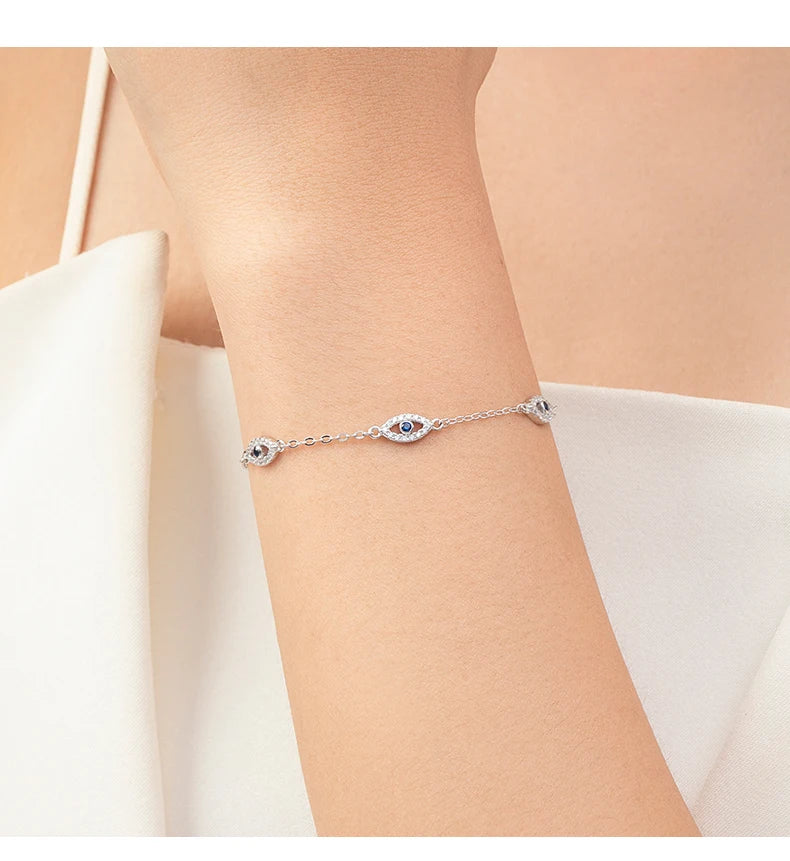 925 Sterling Silver Luxury Turquoise Blue Eyes Clear Cubic Zircon Crystal Link Chain Bracelet