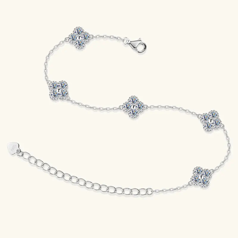 925 Silver Flower Clover Bracelet Moissanite 3mm - 18k Gold Plated