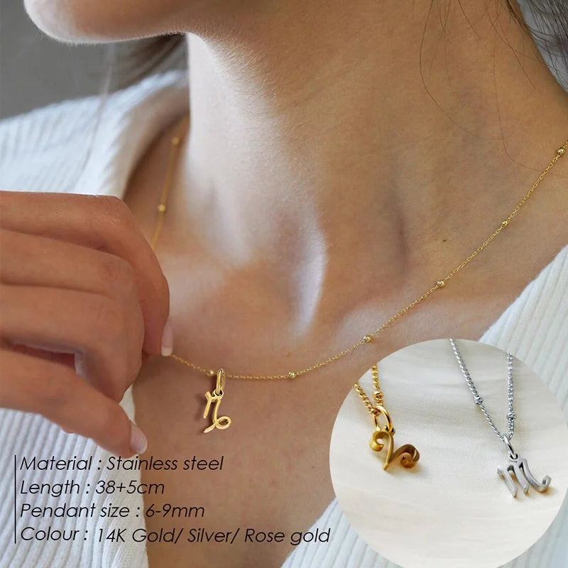 Stainless Steel  Classic Zodiac Gold Color Beads Chain Necklace